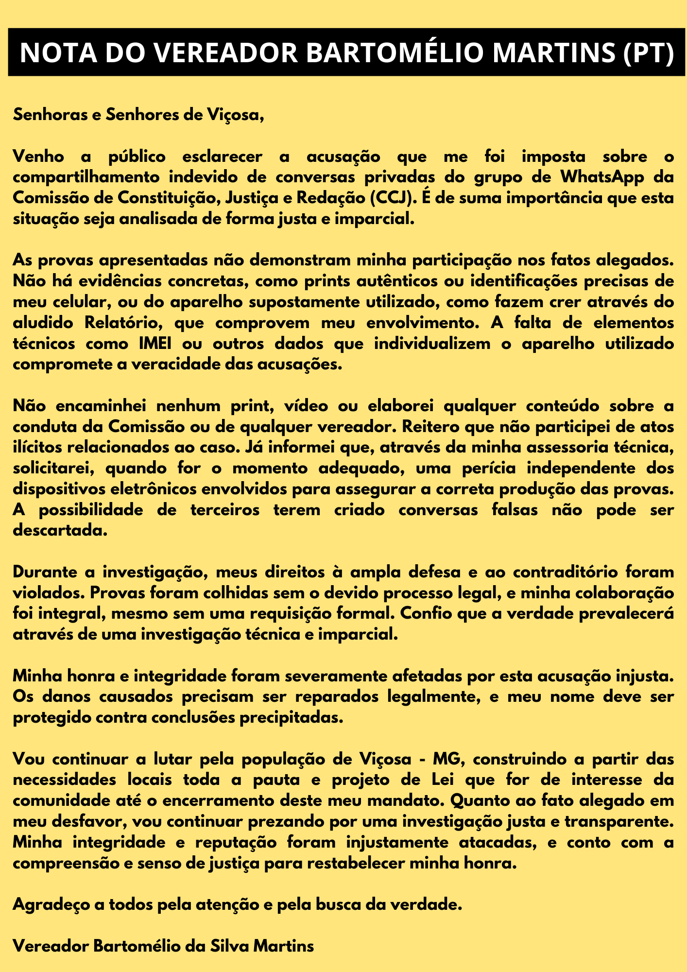 NOTA DO VEREADOR BARTOMÉLIO MARTINS (PT)