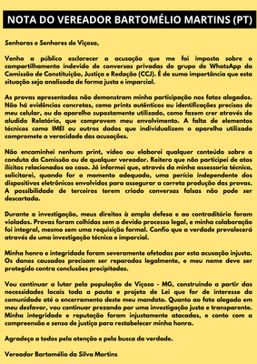 NOTA DO VEREADOR BARTOMÉLIO MARTINS (PT)