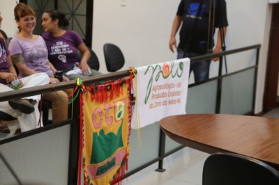 Participação do Plenário - Bandeiras do Centro de Tecnologias Alternativas (CTA) e do Polo Agroecológico e de Produção Orgânica da Zona da Mata - MG.